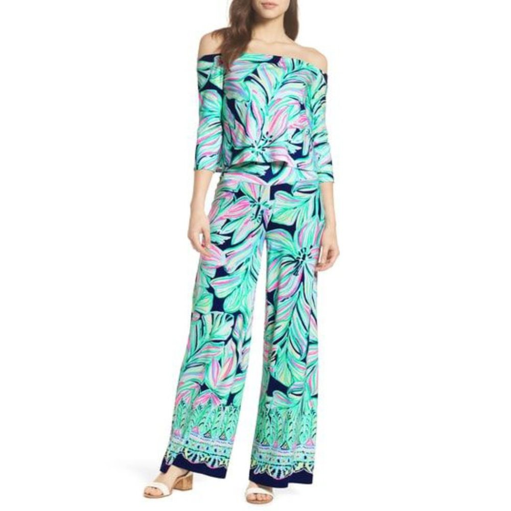 Lilly Pulitzer Weslee Floral Crop Top and Palazzo Pant Set High Tide Navy Small - Picture 1 of 14